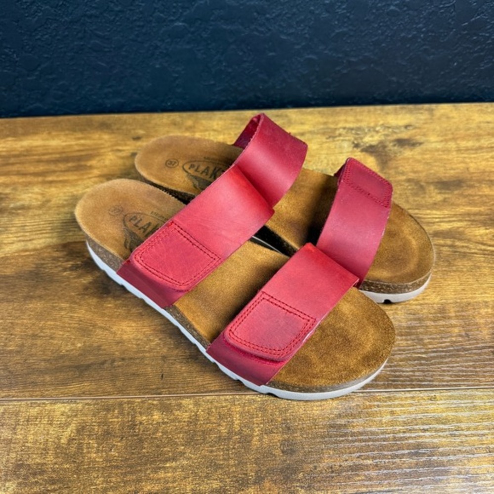 Plakton Softy Red Leather‎ Adjustable Strap Slide Sandals Womens EU 37 US 6.5-7